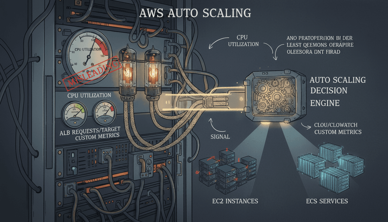 Editorial illustration for “AWS Auto Scaling: Target Tracking, Step Policies, and EC2 vs ECS”.