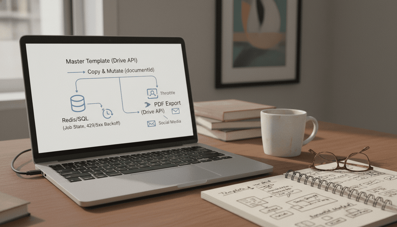 Pipeline from template copy through batch update to PDF export.