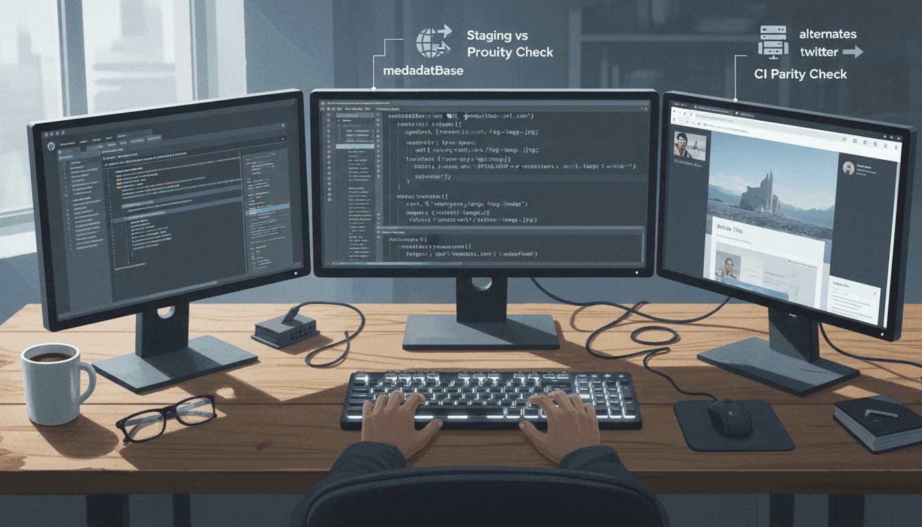 Editorial illustration for “Website Metadata in Next.js App Router: Metadata API, OG, and Icons”.
