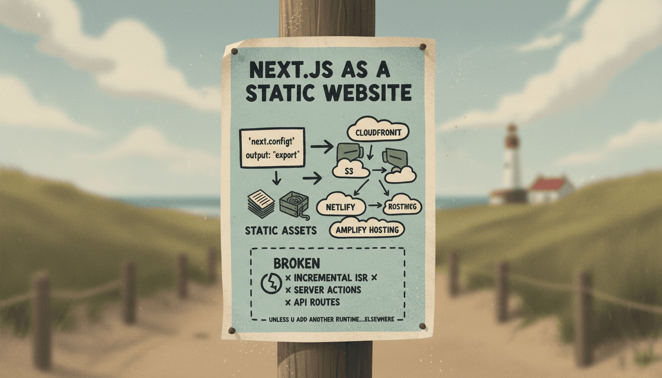 Editorial illustration for “Next.js as a Static Website: `output: 'export'`, Hosting, and Caveats”.