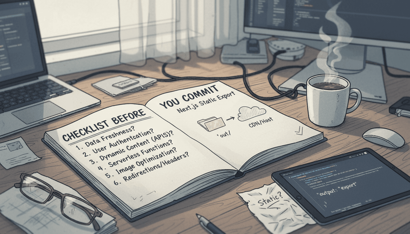 Editorial illustration for “Next.js as a Static Website: `output: 'export'`, Hosting, and Caveats”.