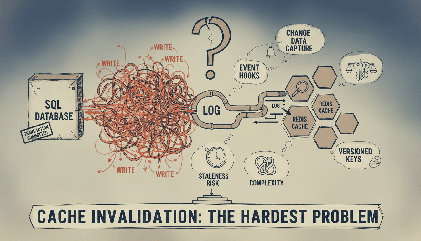 Editorial illustration for “Cache Invalidation When SQL Writes Land: Redis Tags, Events, and Tradeoffs”.