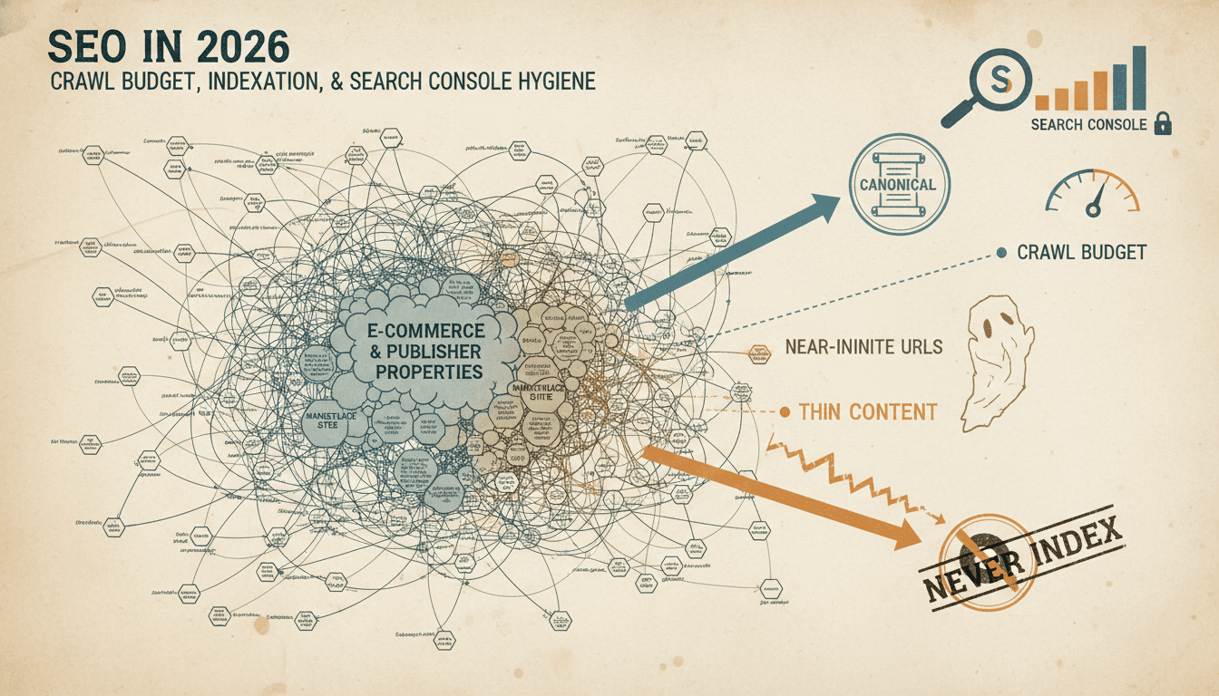 Editorial illustration for “SEO in 2026: Crawl Budget, Indexation, and Search Console Hygiene”.