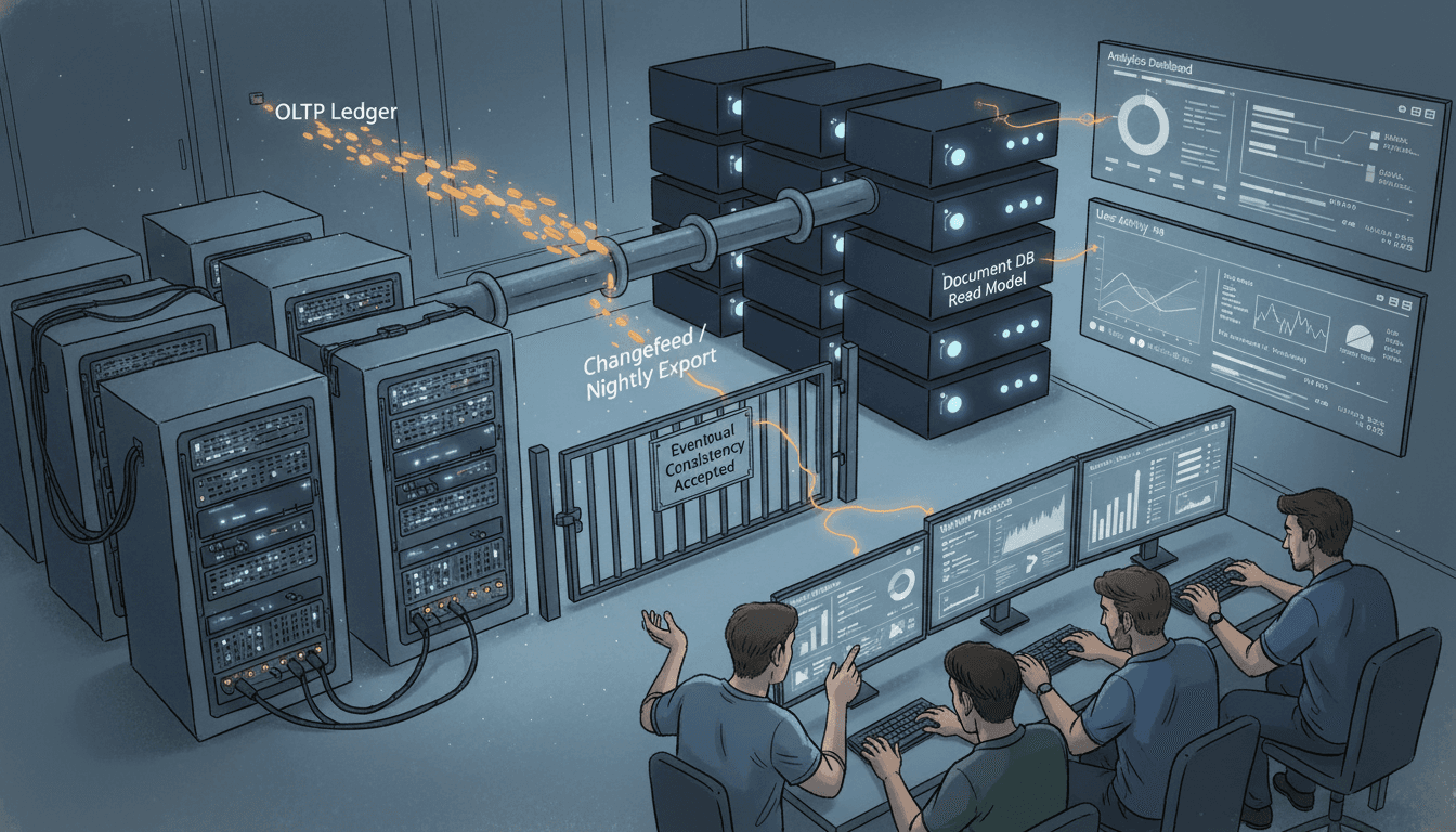 Editorial illustration for “CQRS Lite: Postgres as Ledger, Document DB as Read Model for Analytics”.