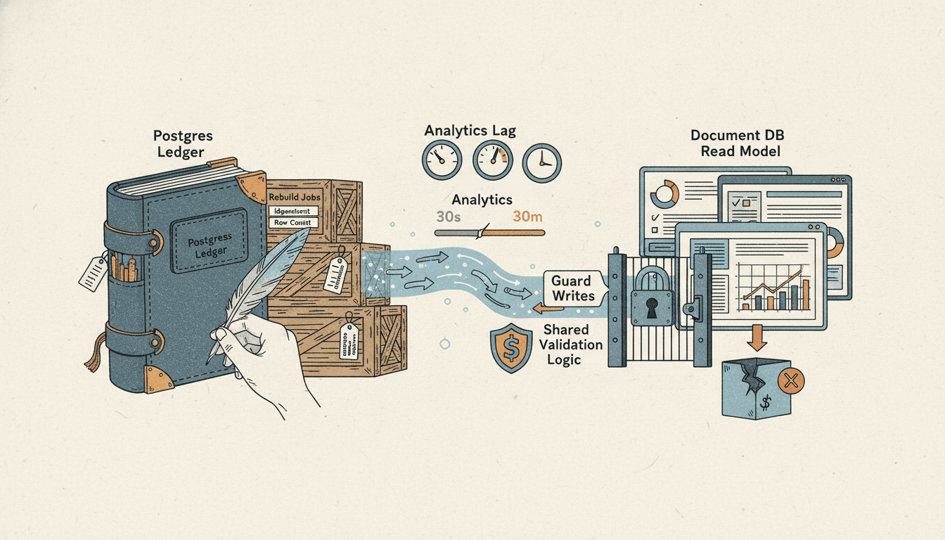 Editorial illustration for “CQRS Lite: Postgres as Ledger, Document DB as Read Model for Analytics”.