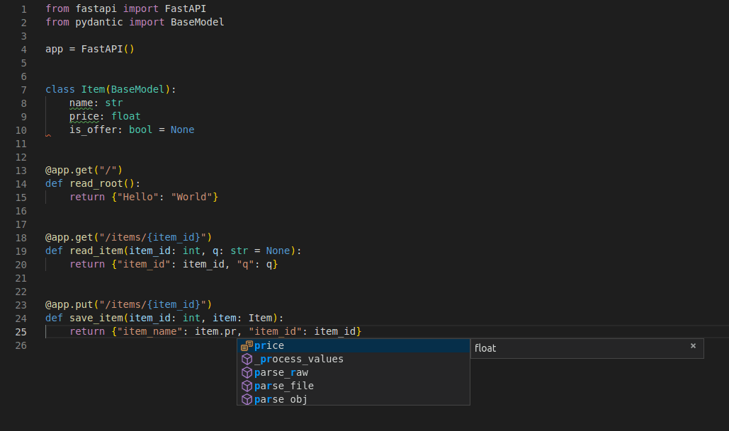 IDE editor showing Python type hints and autocompletion for FastAPI route handlers.