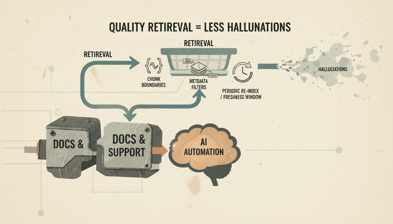 Editorial illustration for “AI Automation for Docs and Support: RAG, Chunking, and Freshness Windows”.