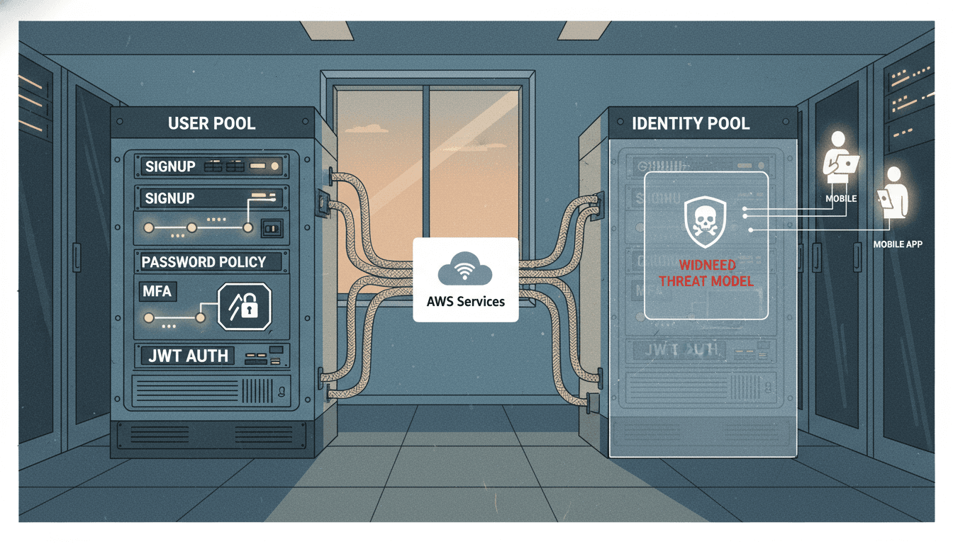 Editorial illustration for “Amazon Cognito: User Pools, Hosted UI, and Federating Enterprise IdPs”.