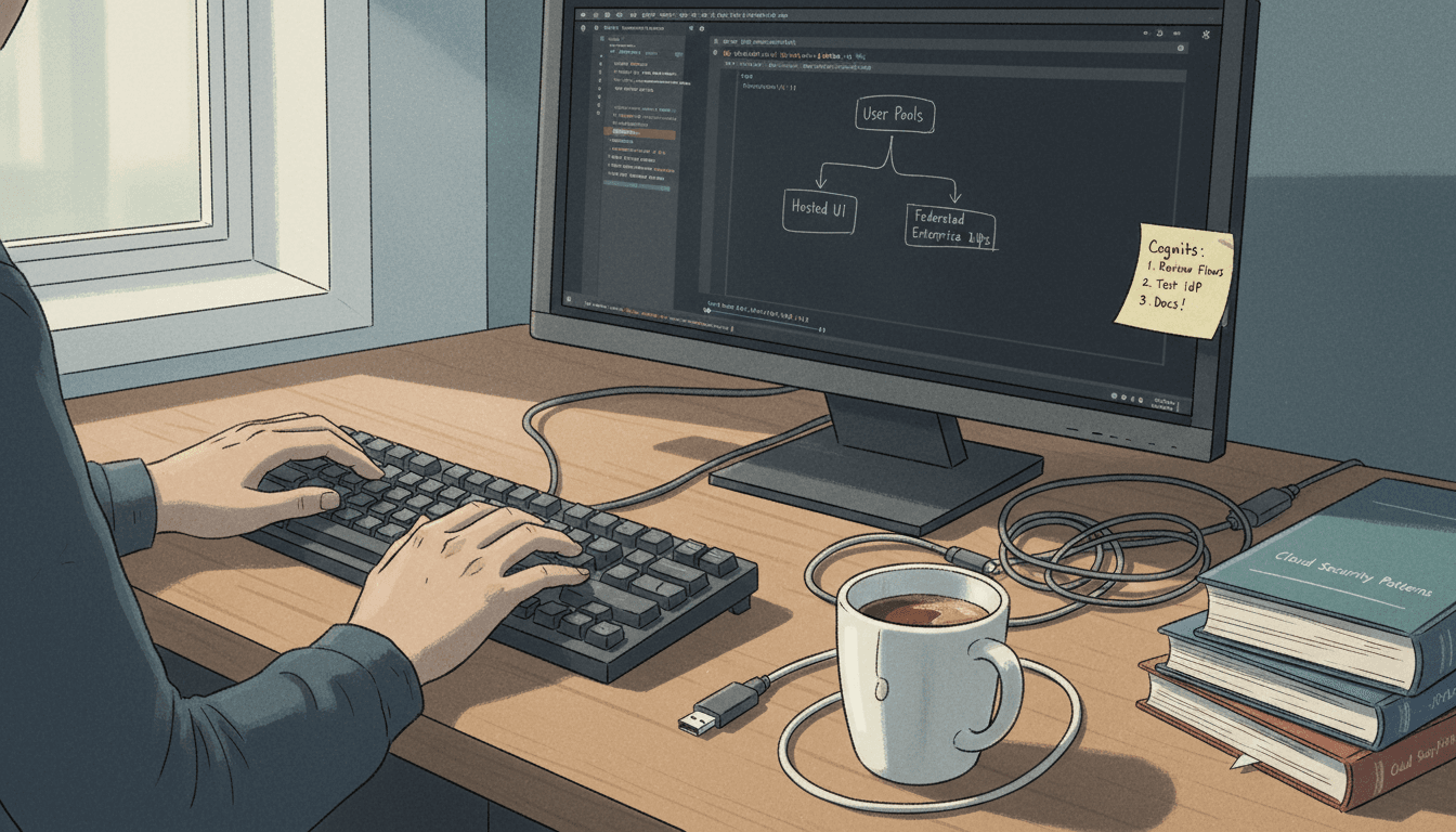 Editorial illustration for “Amazon Cognito: User Pools, Hosted UI, and Federating Enterprise IdPs”.