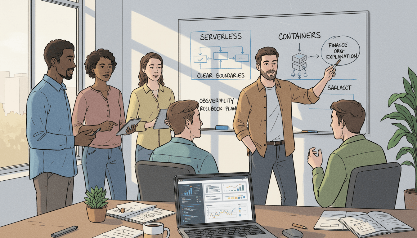 Editorial illustration: serverless versus containers as an architecture choice—operability, finance, and clear boundaries.