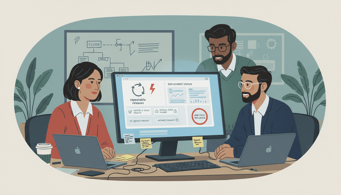 Editorial illustration for “CI/CD for Corporate Web Teams Without the Theater”.