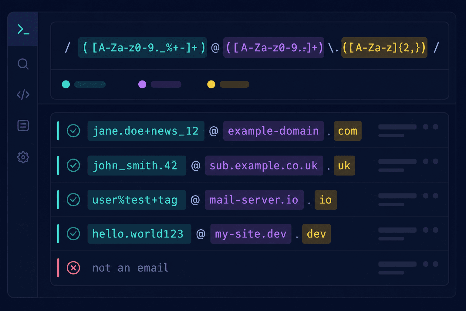 Regex tester showing highlighted matches in sample text.