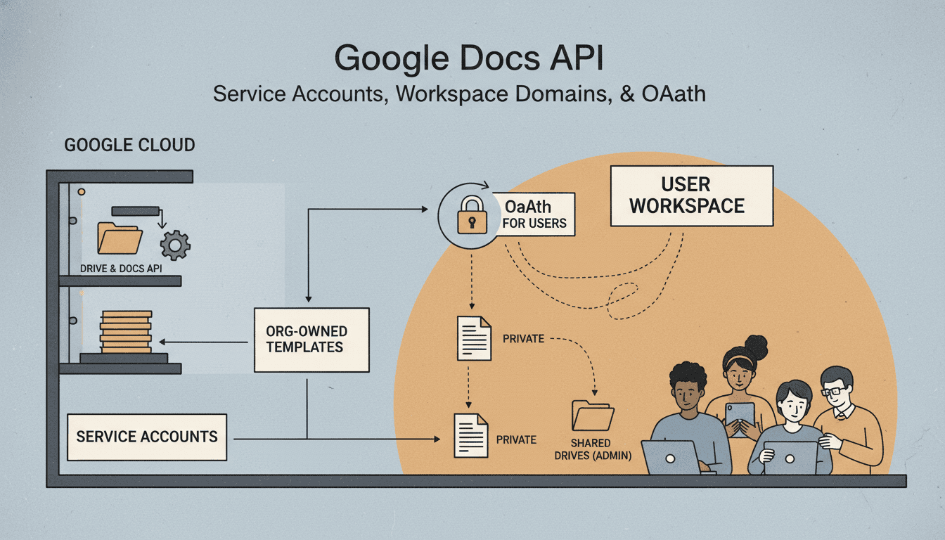 Editorial illustration for “Google Docs API: Service Accounts, Workspace Domains, and OAuth for Users”.