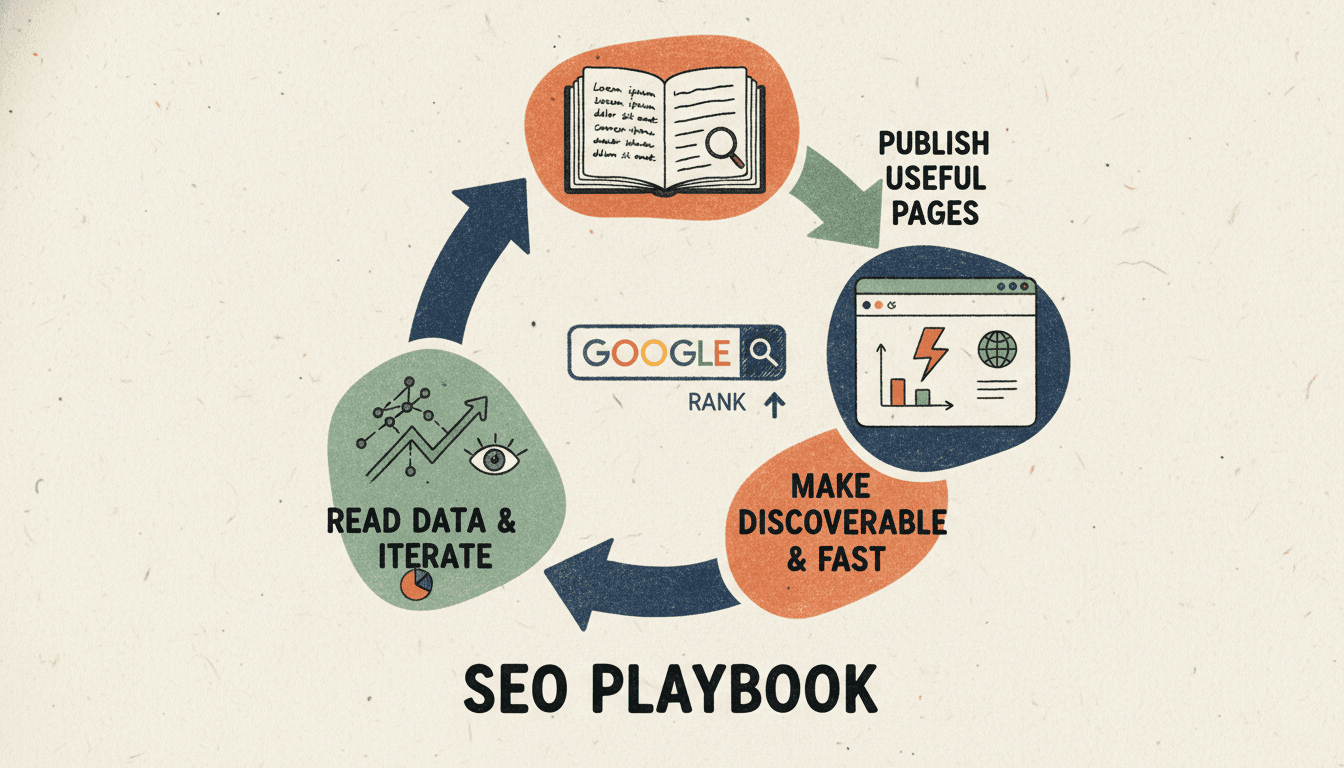Editorial illustration: search visibility as an iterative loop—publish, measure, and refine.
