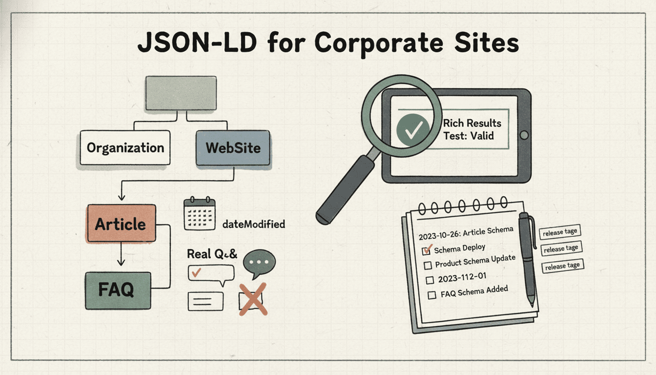 Editorial illustration for “JSON-LD for Corporate Sites: Article, Product, FAQ, and Organization Schema”.