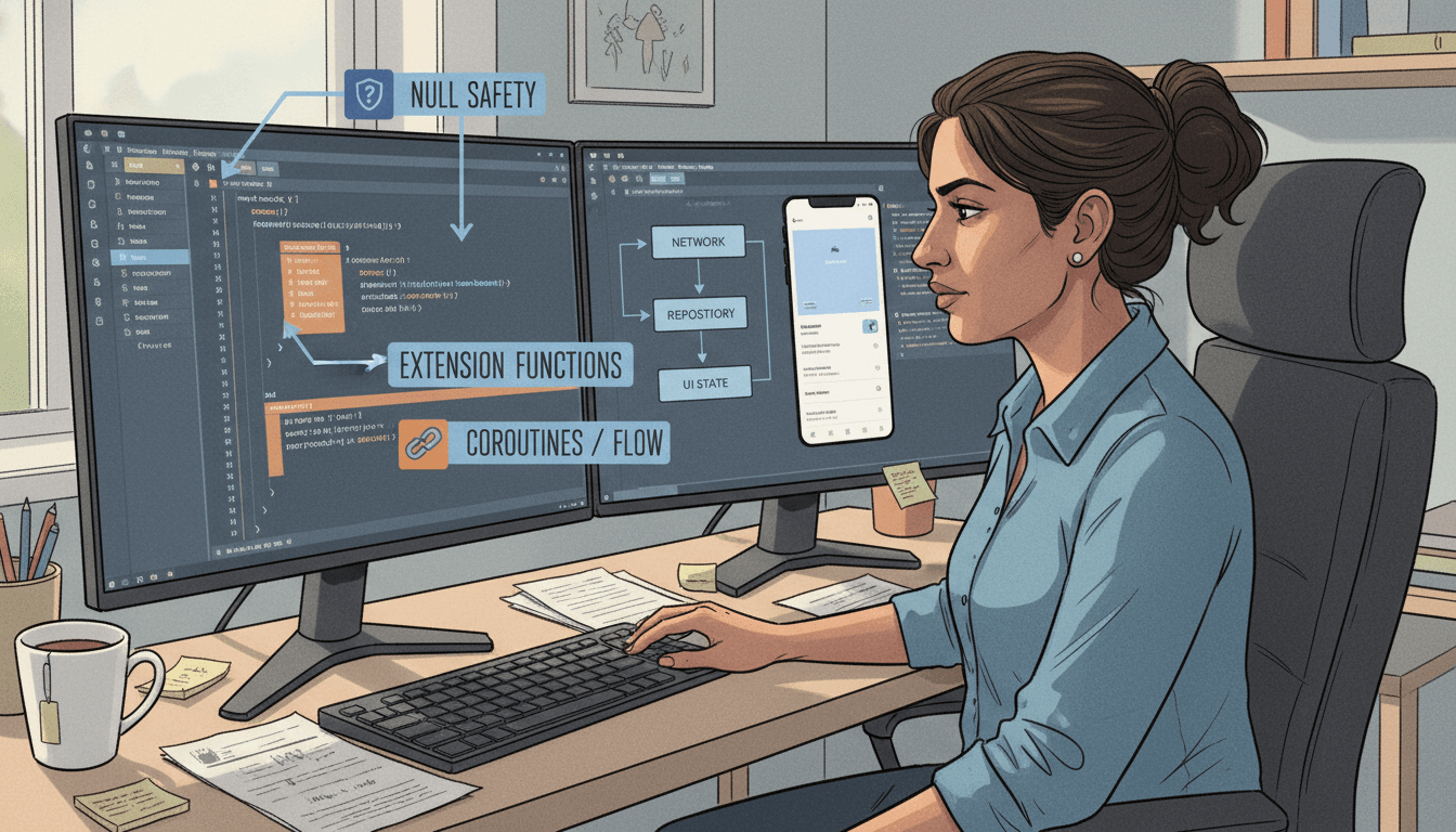 Editorial illustration for “Kotlin on Android: Coroutines, Flow, and Maintainable App Architecture”.