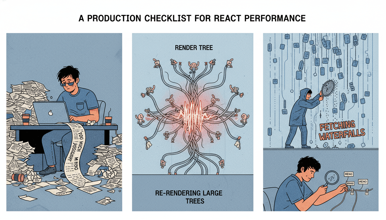 Editorial illustration for “A Production Checklist for React Performance”.