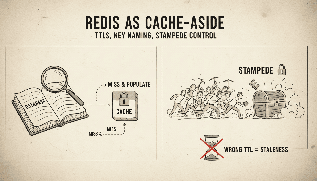 Editorial illustration for “Redis as Cache-Aside: TTLs, Key Naming, and Stampede Control”.