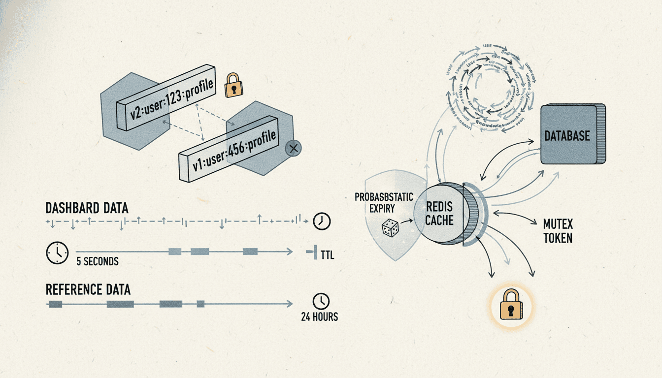 Editorial illustration for “Redis as Cache-Aside: TTLs, Key Naming, and Stampede Control”.