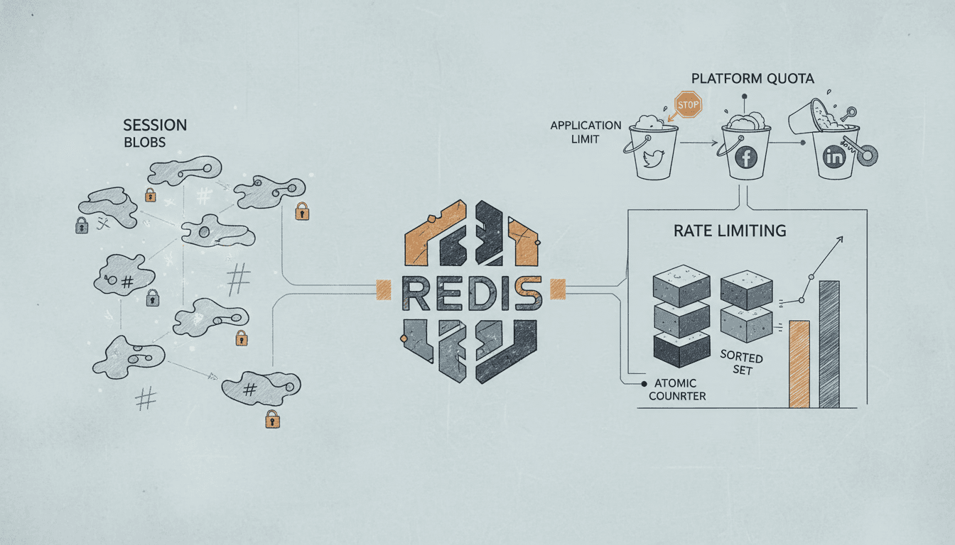 Redis storing session blobs and rate-limit counters for API integrations.