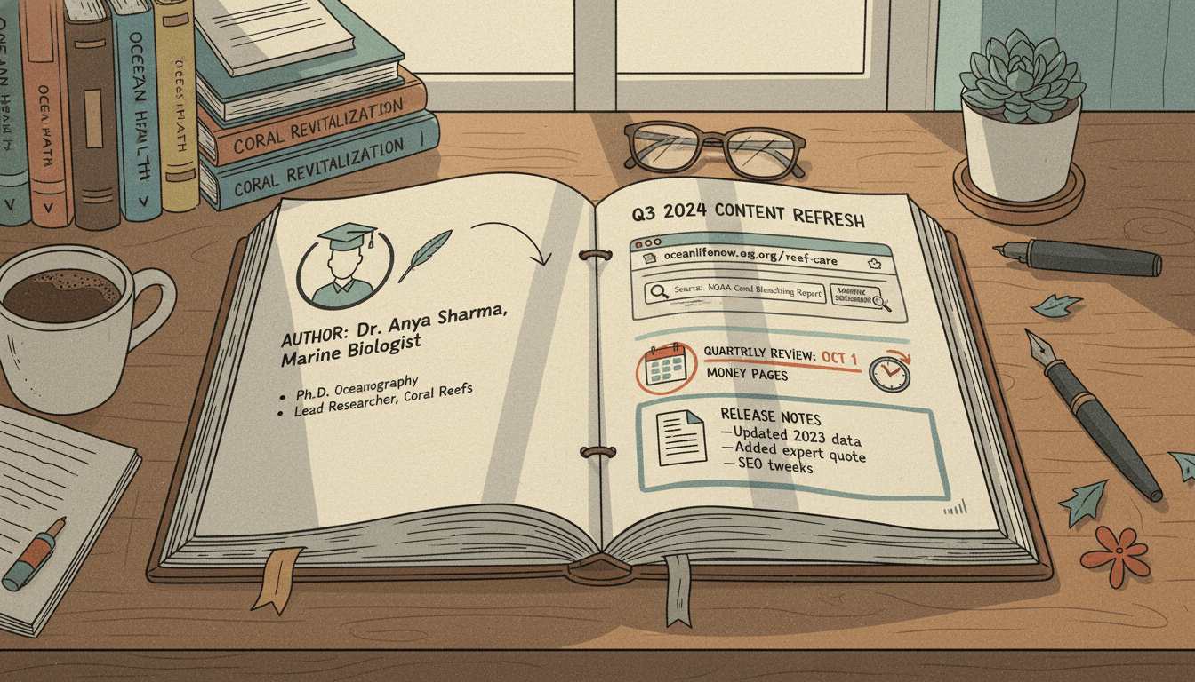 Editorial illustration for “E-E-A-T Content Refreshes: Authoring, Sources, and Quarterly SEO Loops”.