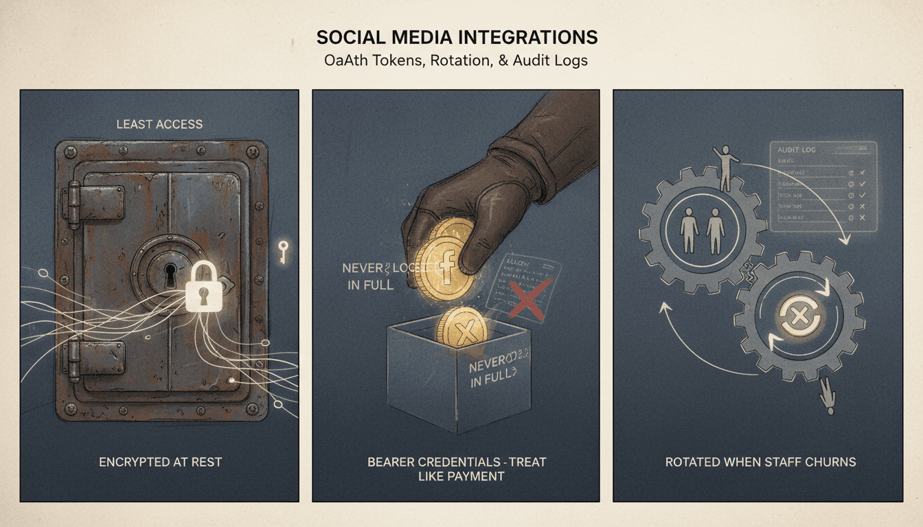 Editorial illustration for “Social Media Integrations: Storing OAuth Tokens, Rotation, and Audit Logs”.