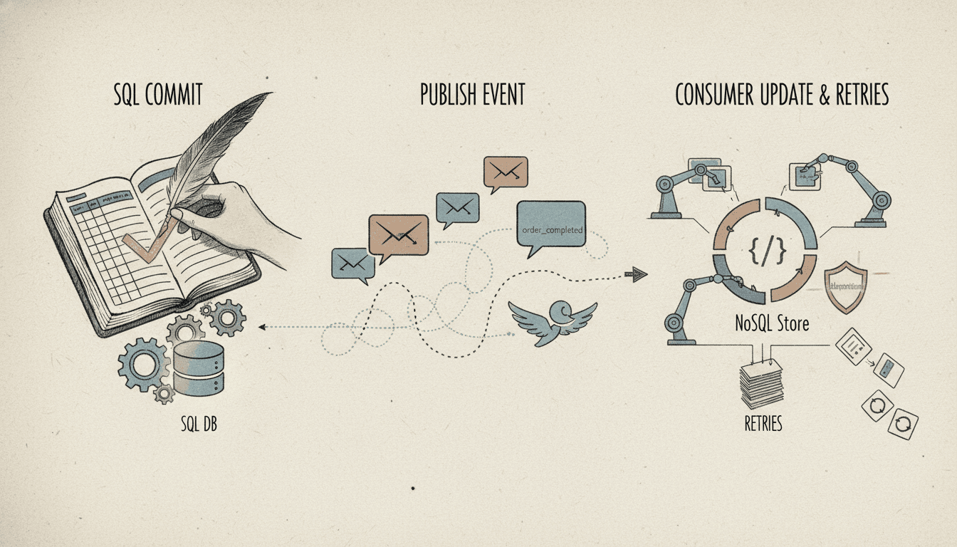 Editorial illustration for “Transactions Across SQL and NoSQL: Sagas, Idempotency, and Where Not To Try ACID”.