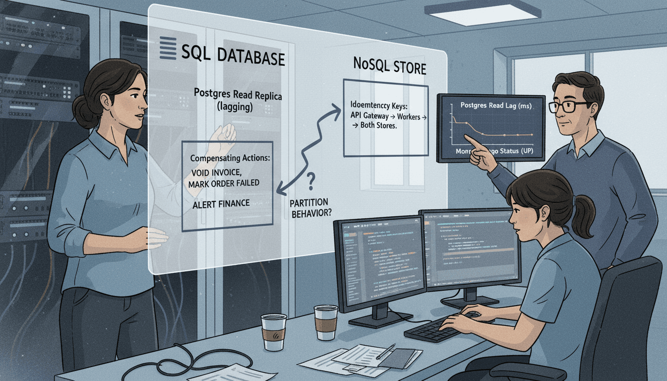 Editorial illustration for “Transactions Across SQL and NoSQL: Sagas, Idempotency, and Where Not To Try ACID”.
