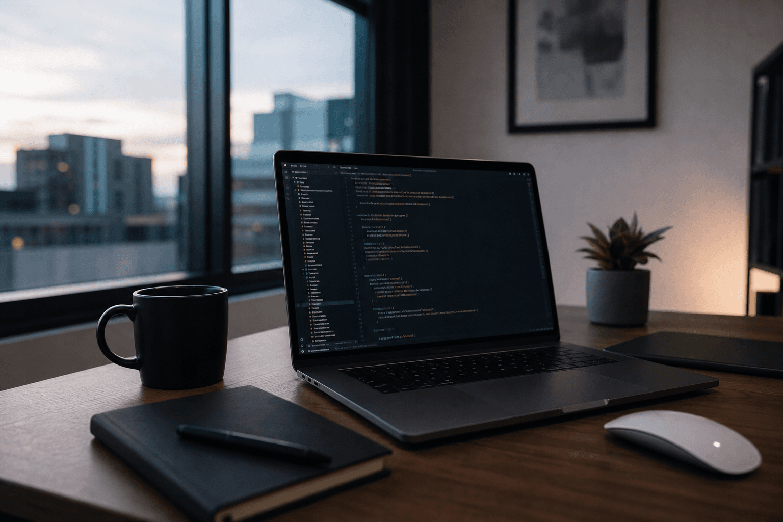 Laptop mockup showing a dark interface with a glowing blue accent